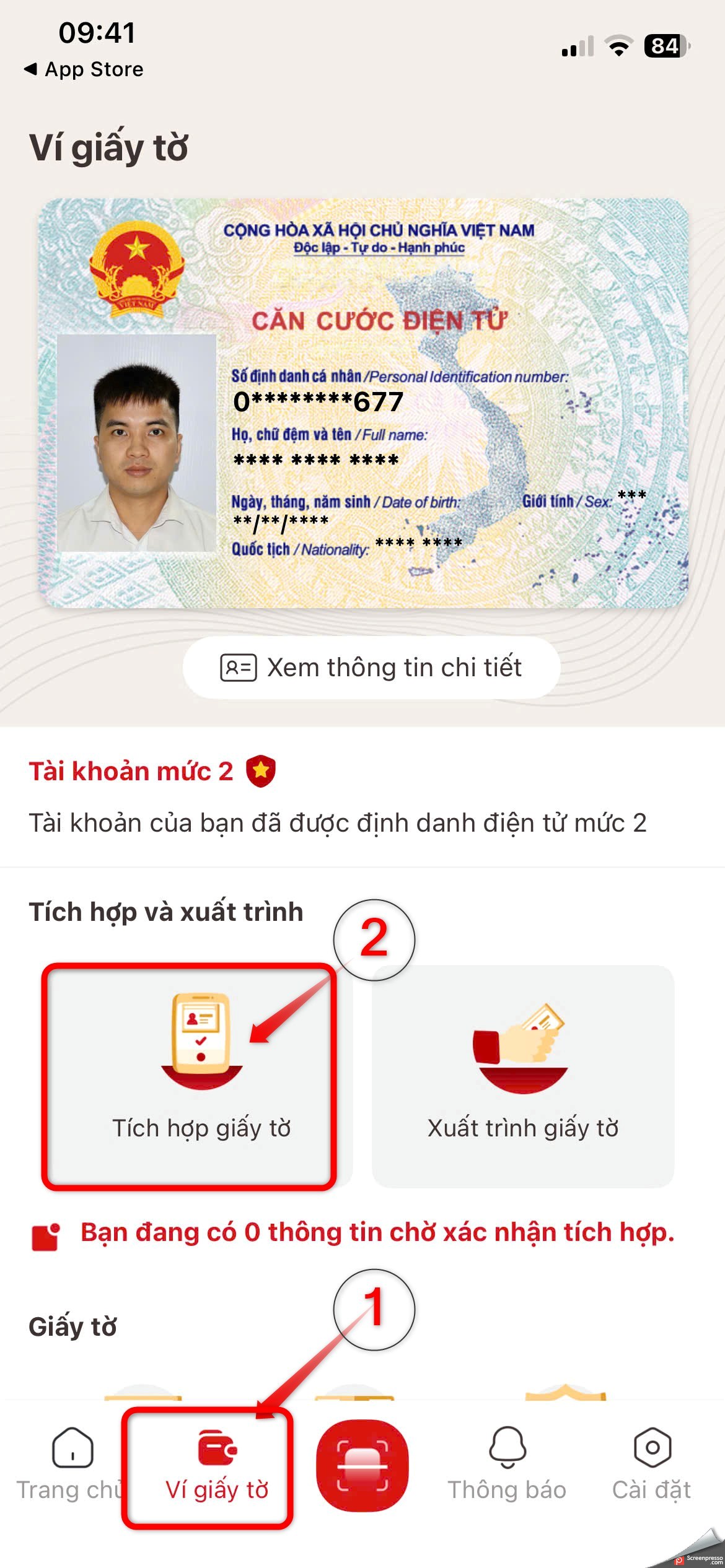 Mở mục Ví giấy tờ - bước 2